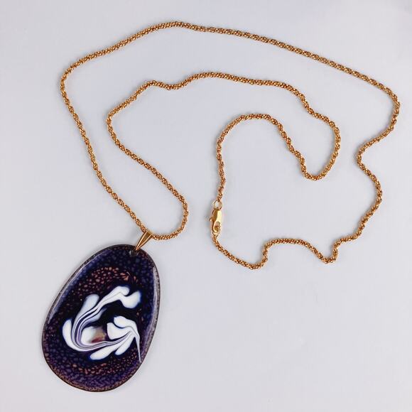 Mid Century Enamel Pendant Purple White Abstract VTG 1960s Necklace Modernist - Picture 6 of 14